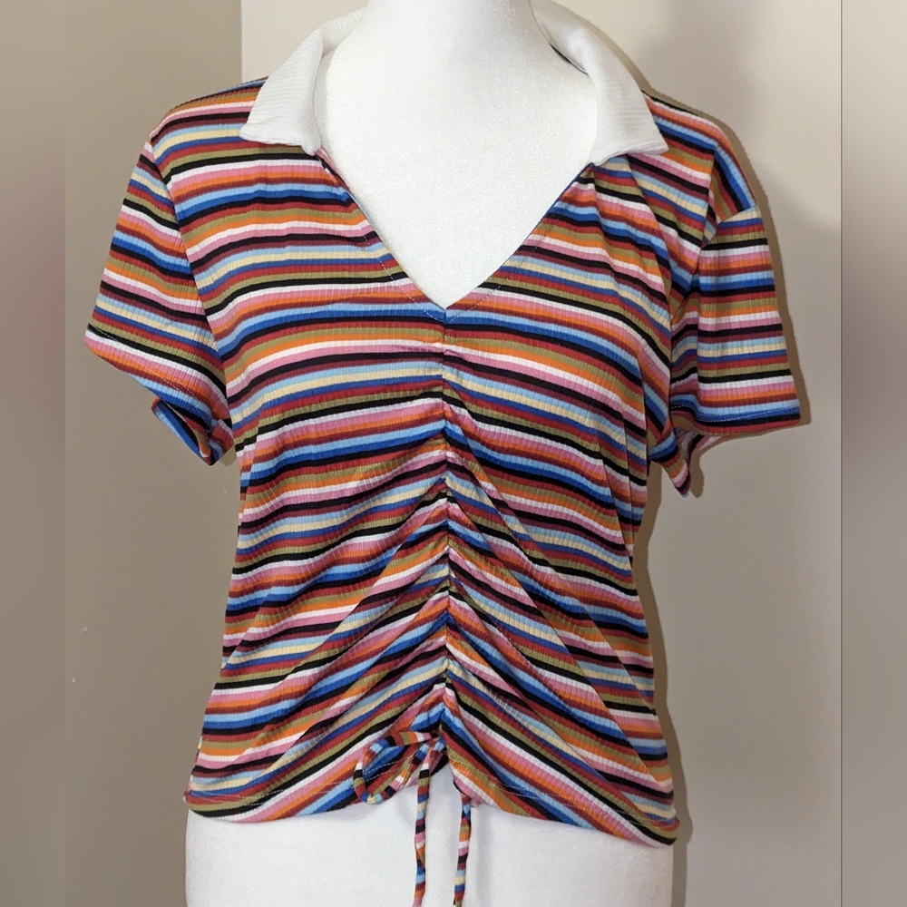 Striped V Neck Ribbed Tee with Tie - NWT Sizes XS, S, M, L, XL